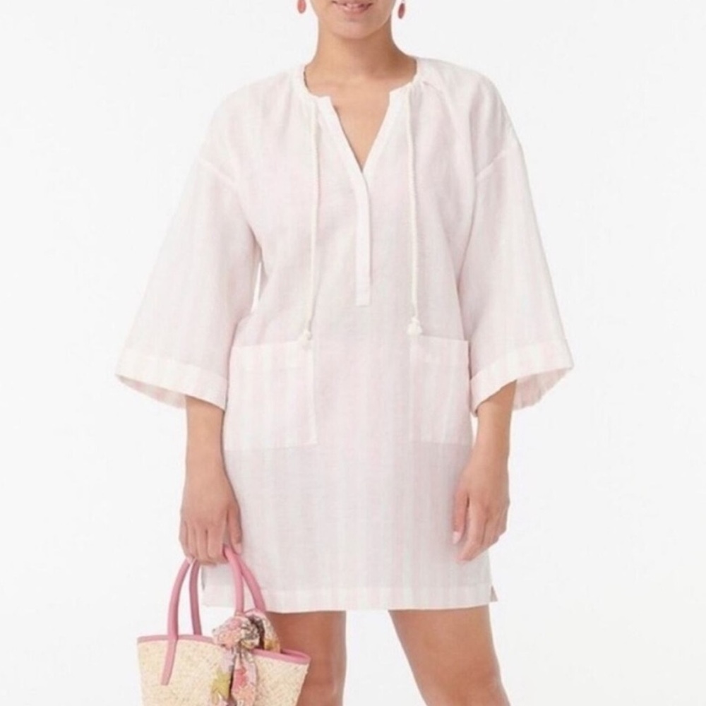 J. Crew Cotton Linen V-Neck Beach Tunic/Cover Up in Pink & White Stripe -Medium